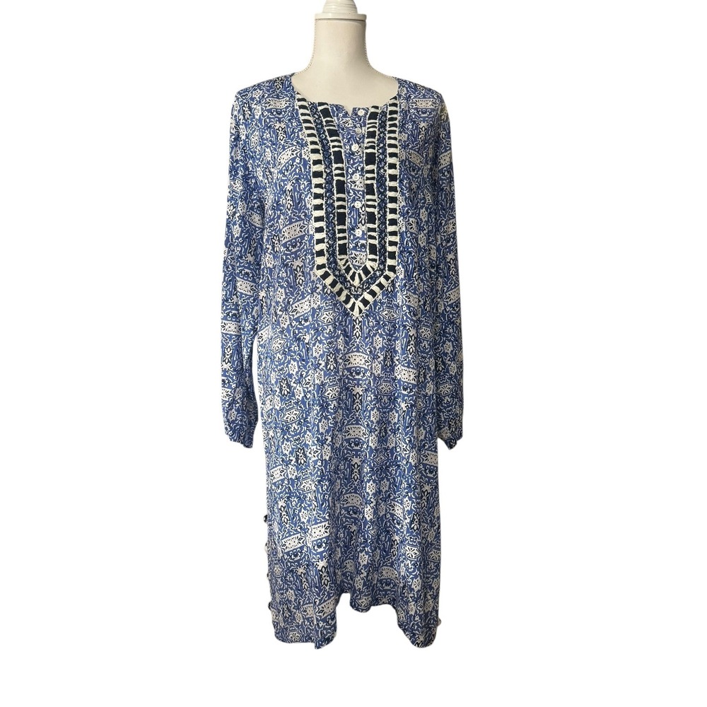 Roller Rabbit Chicha Selina Print Embroidered Kurta Caftan Cobalt Size XL